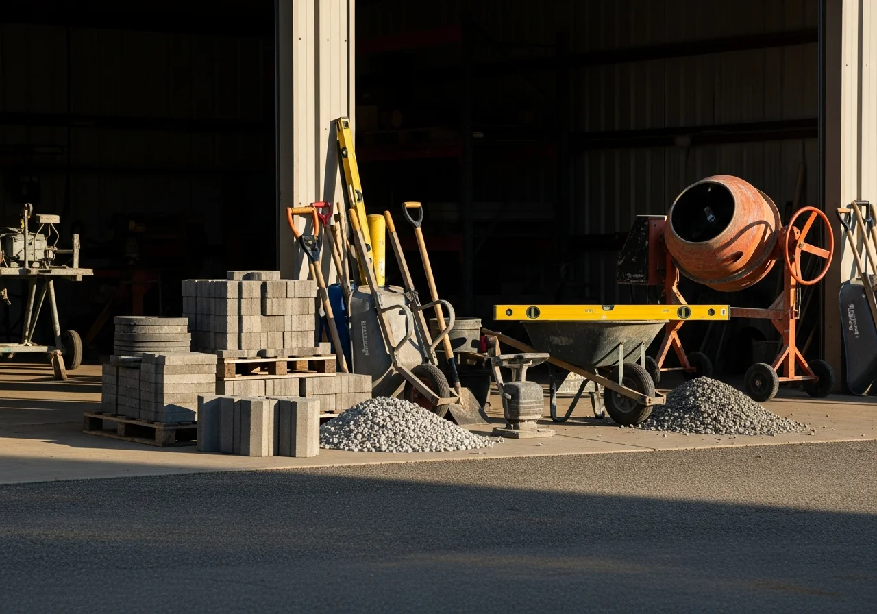 Outdoor work scene showing concrete tools, gravel, and landscaping equipment ready for job site deployment.