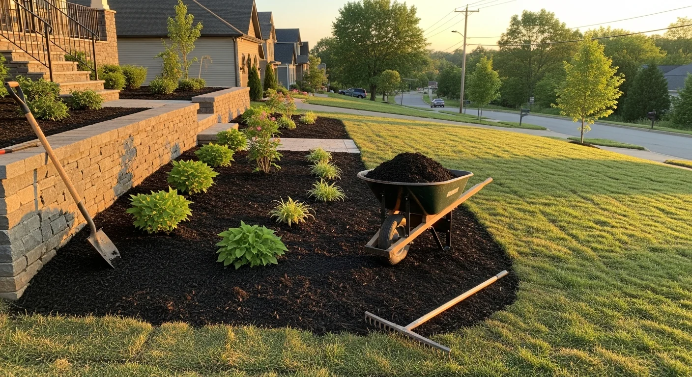 Professionally landscaped yard with retaining wall and mulch in Knoxville