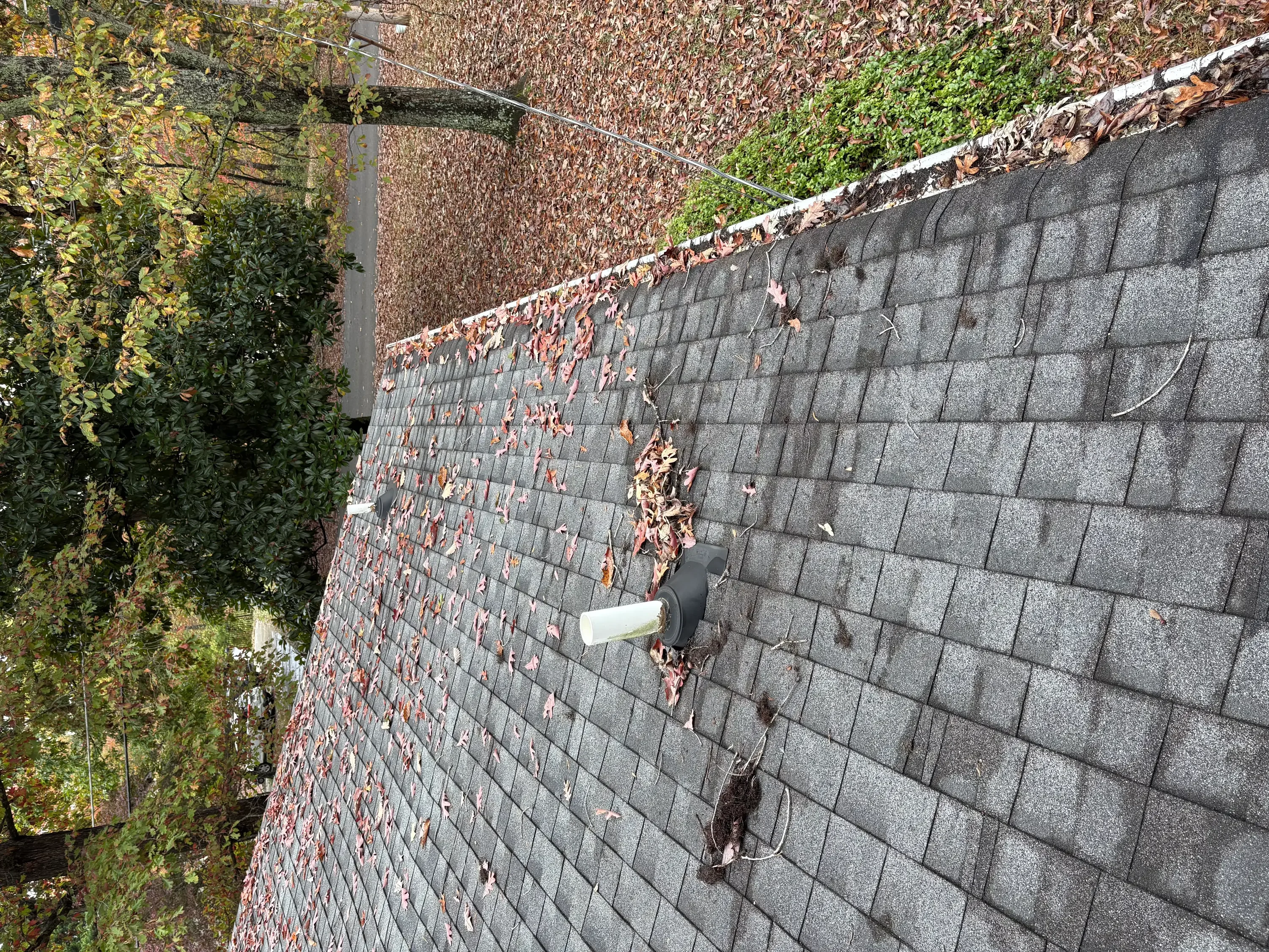 Gray concrete block retaining wall with drainage pipe and fall leaves