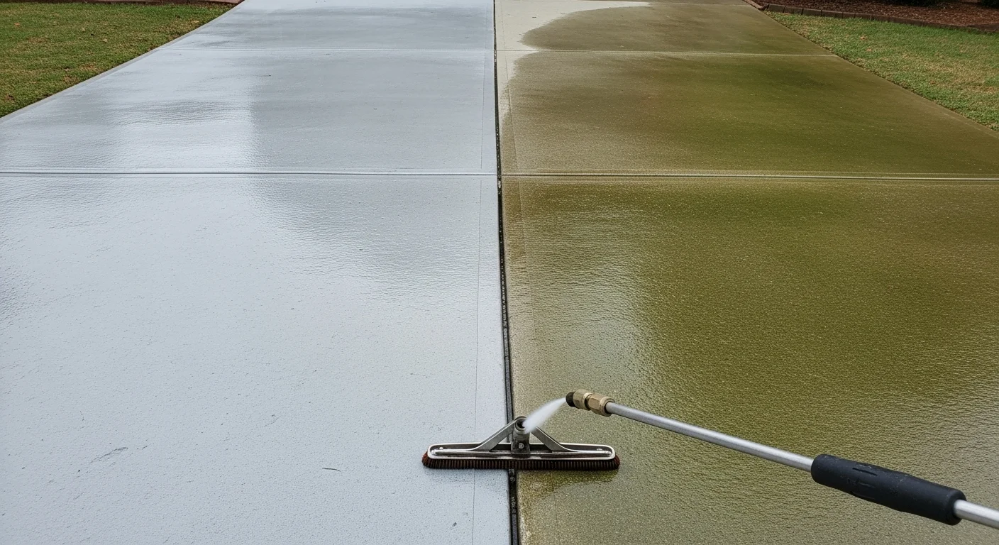 A Knoxville residential concrete driveway shown before and after professional pressure washing, with red clay staining and algae growth removed to reveal clean, bright concrete. Masters Touch Outdoor Care pressure washing service result on a Knox County home exterior.