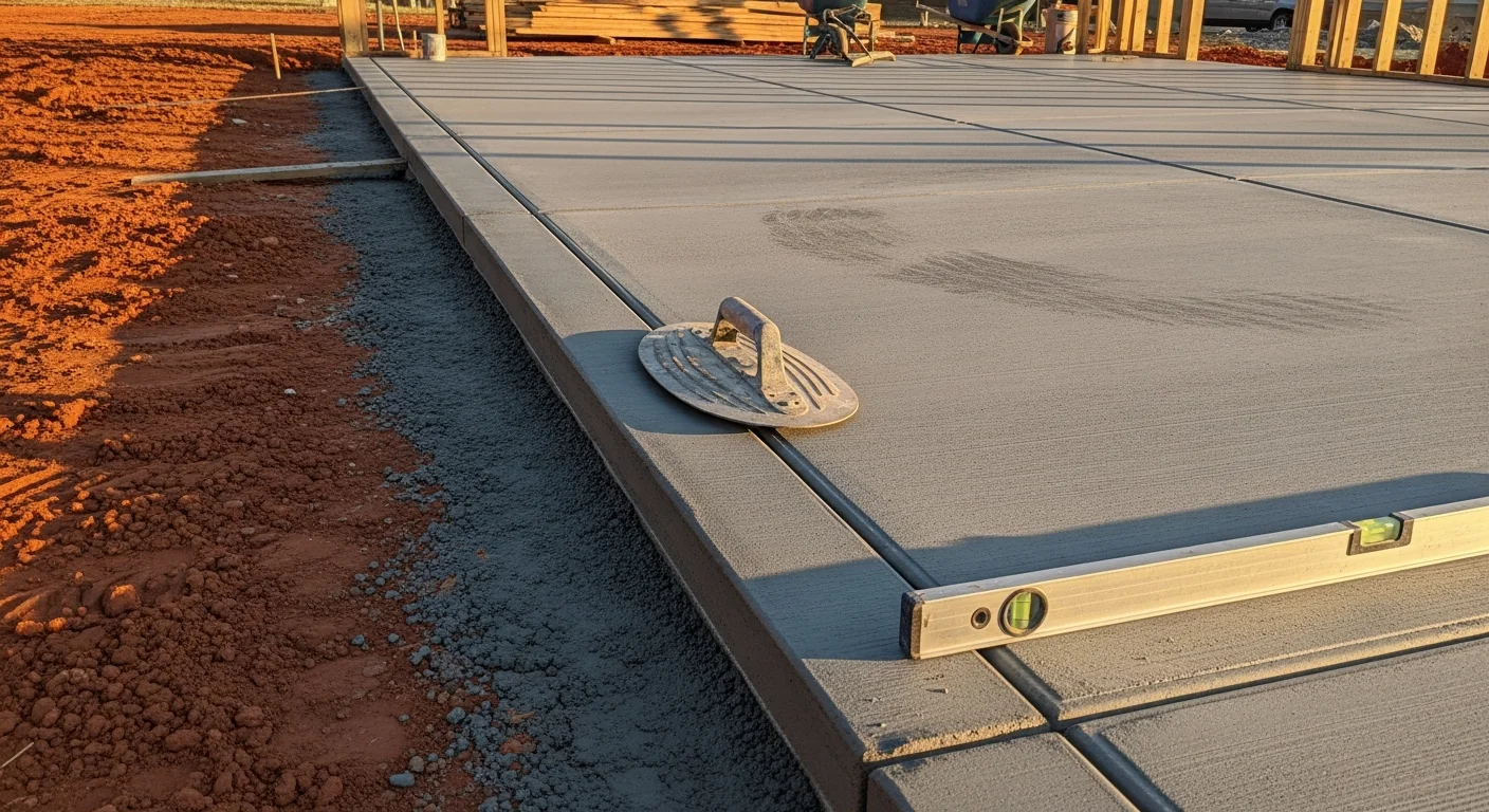 A freshly poured and finished concrete garage floor slab at a residential property in Knoxville, Tennessee, showing clean edges, smooth surface, and visible control joints. The attached garage opens to a sloped residential driveway typical of East Tennessee terrain.