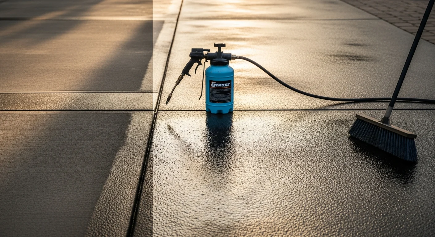 A freshly resealed residential concrete driveway in Knoxville, Tennessee, showing a clean, uniform finish with water beading on the surface. The surrounding yard reflects a typical East Tennessee home setting with mature trees and a standard two-car driveway layout.