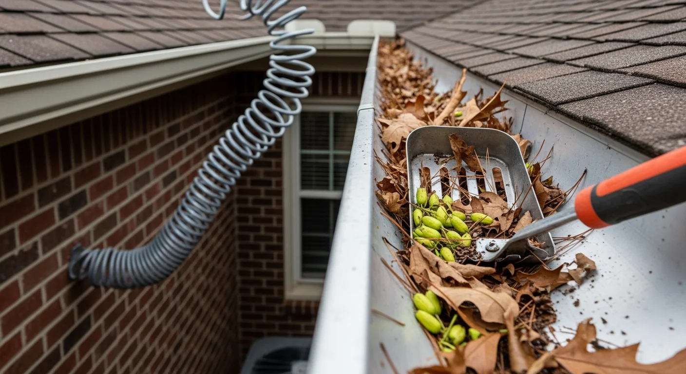 A Knoxville residential gutter packed with wet oak leaves, seed pods, and pine needles being hand-cleared by a gutter service technician on a ladder. The cleaned gutter section shows open, unobstructed aluminum channel ready to drain East Tennessee rainfall.