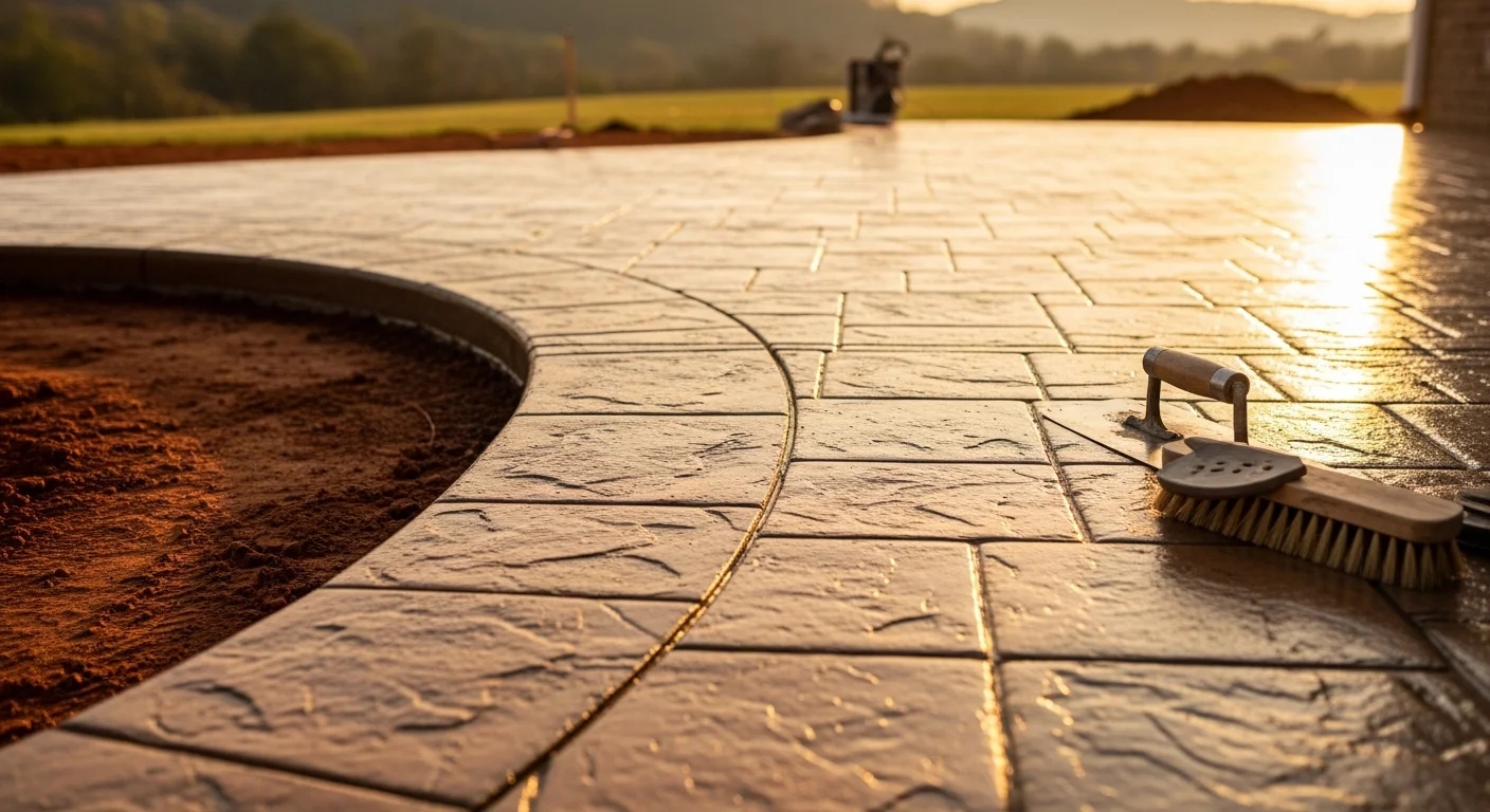 A freshly installed stamped concrete patio with a natural stone pattern behind a residential home in Knoxville, Tennessee. The surface shows clean expansion joints, consistent color, and a sealed finish ready for outdoor furniture.
