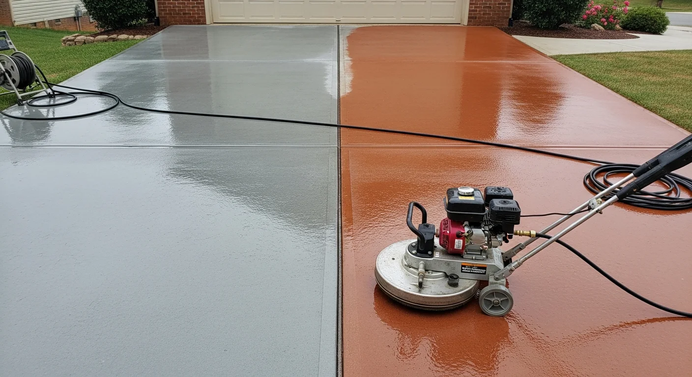 A concrete driveway in Knoxville, Tennessee shown after professional pressure washing, with red clay staining and algae growth removed from the surface. The clean slab contrasts with a shaded section of the driveway still showing organic buildup along the edge.