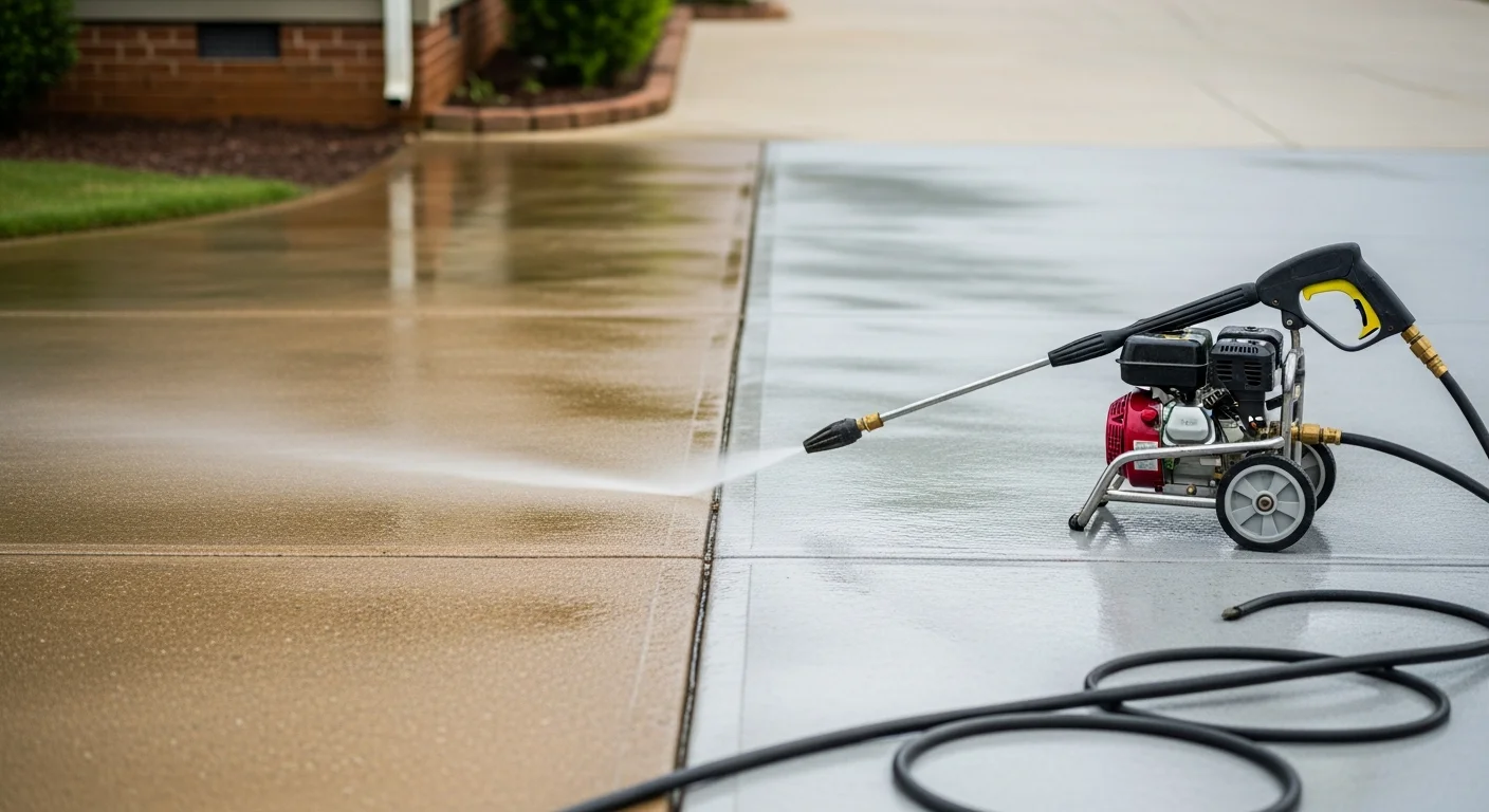 A Knoxville residential home exterior showing clean siding and a freshly pressure-washed concrete driveway after mold, algae, and red clay staining have been removed. Masters Touch Outdoor Care pressure washing service result on a typical East Tennessee property.