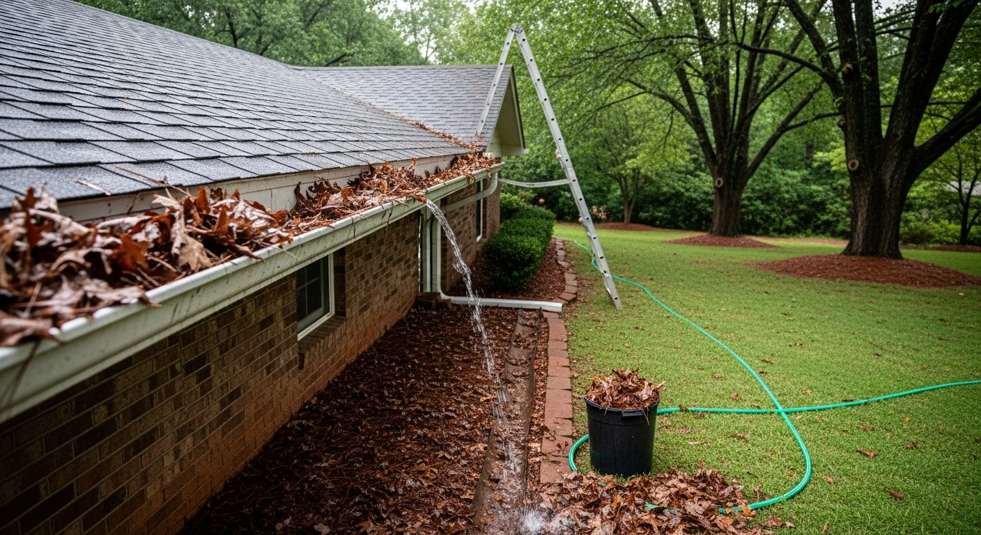 A Knoxville residential home with clean, debris-free gutters and clear downspouts after a professional gutter cleaning service. Leaves and pine needle buildup have been removed from the channels, with water draining properly away from the foundation.