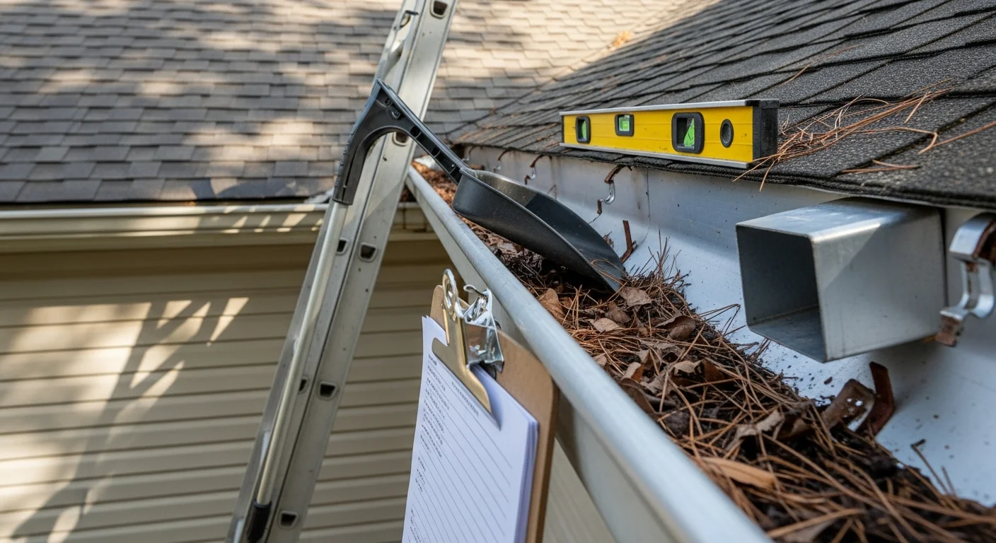 A gutter professional from Masters Touch Outdoor Care inspecting a residential gutter system on a Knoxville home, checking for debris buildup and seam damage. Close-up view shows leaf and organic debris accumulation typical of East Tennessee tree canopy.