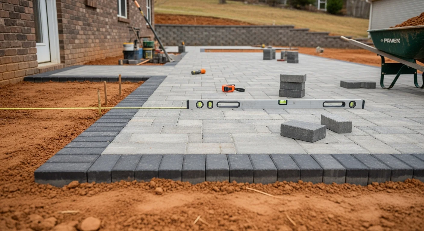 A custom stone patio and retaining wall installed by Masters Touch Outdoor Care on a sloped Knoxville residential property. The tiered hardscape creates a level outdoor living area with clean stone edging and integrated steps leading to the yard below.