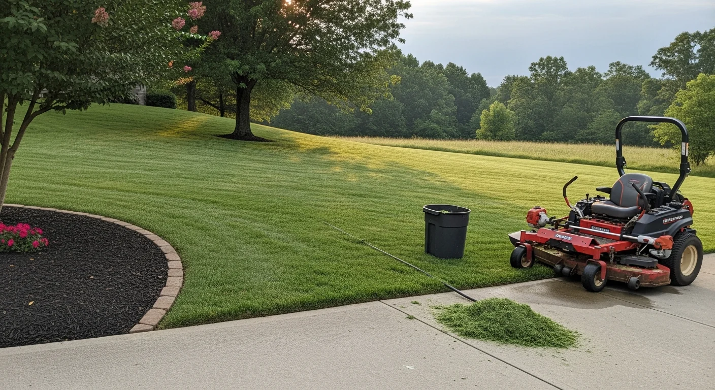 A neatly mowed residential lawn in Knoxville, Tennessee with clean straight mowing lines and sharply edged borders along a concrete driveway. The yard shows even green turf with no visible clippings left on the grass or hard surfaces.