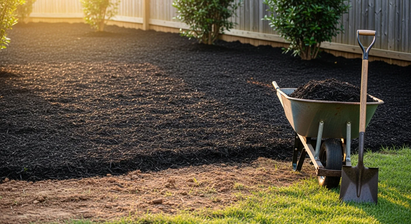 Freshly installed dark mulch covering a residential flower bed in Knoxville, Tennessee, with clean edges around established shrubs and a tidy lawn border visible in the background.