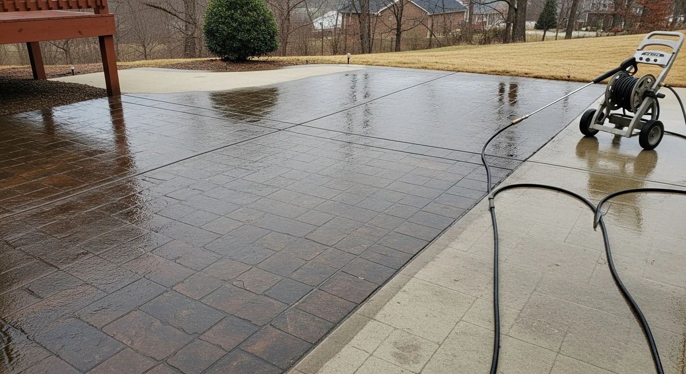A residential wood deck in Knoxville, Tennessee shown after professional pressure washing, with clean boards free of green algae and dark mildew staining. A concrete patio area adjacent to the deck shows restored surface color after cleaning.