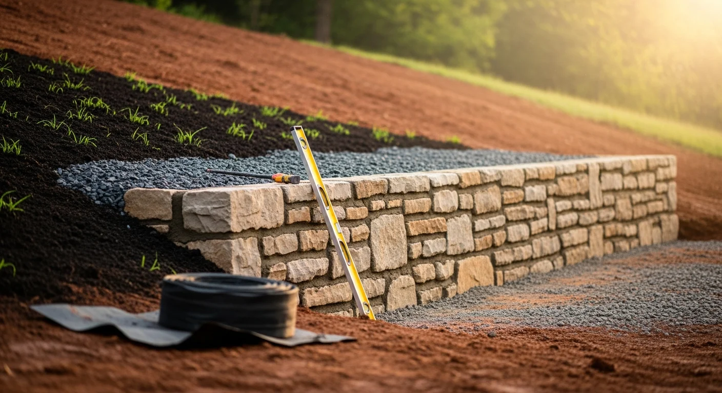 A newly installed retaining wall on a sloped residential lot in Knoxville, Tennessee, holding back a graded hillside with a flat lawn area created above the wall. The wall runs along the rear yard of a single-family home with visible drainage gravel at the base.