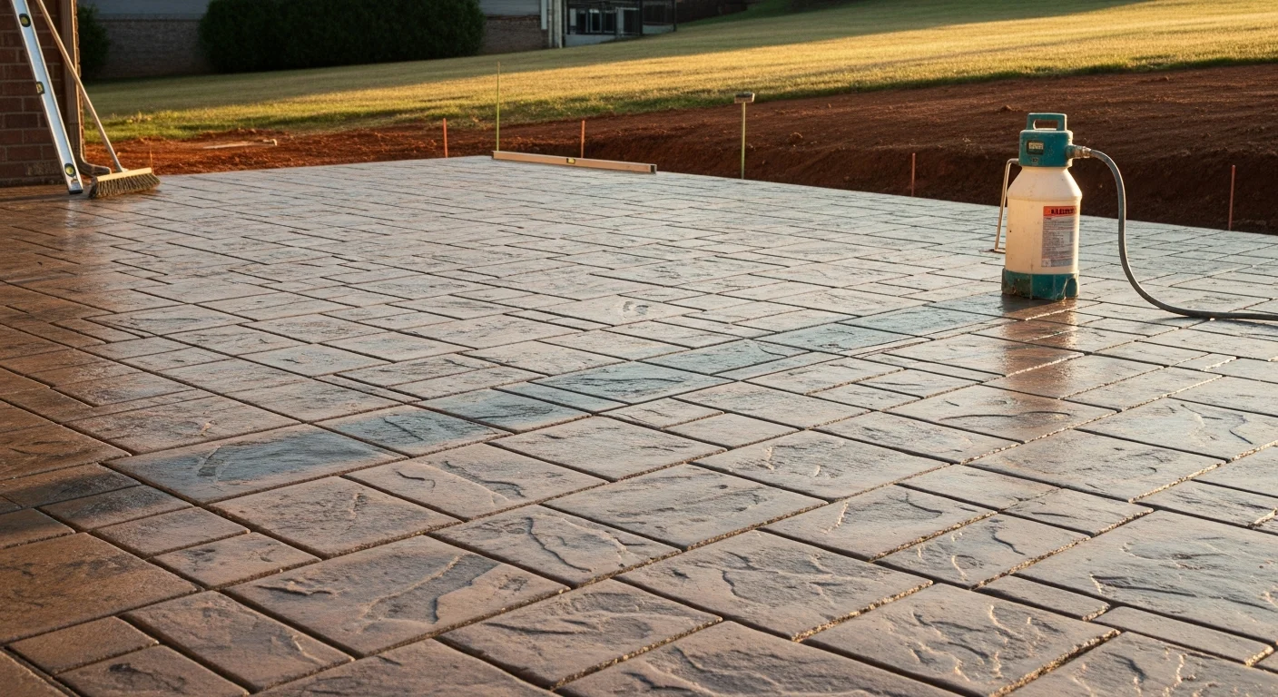 A freshly installed stamped concrete patio with a flagstone pattern and warm earth-tone coloring behind a residential home in Knoxville, Tennessee. The sealed surface connects to a matching stamped concrete driveway visible along the side of the house.
