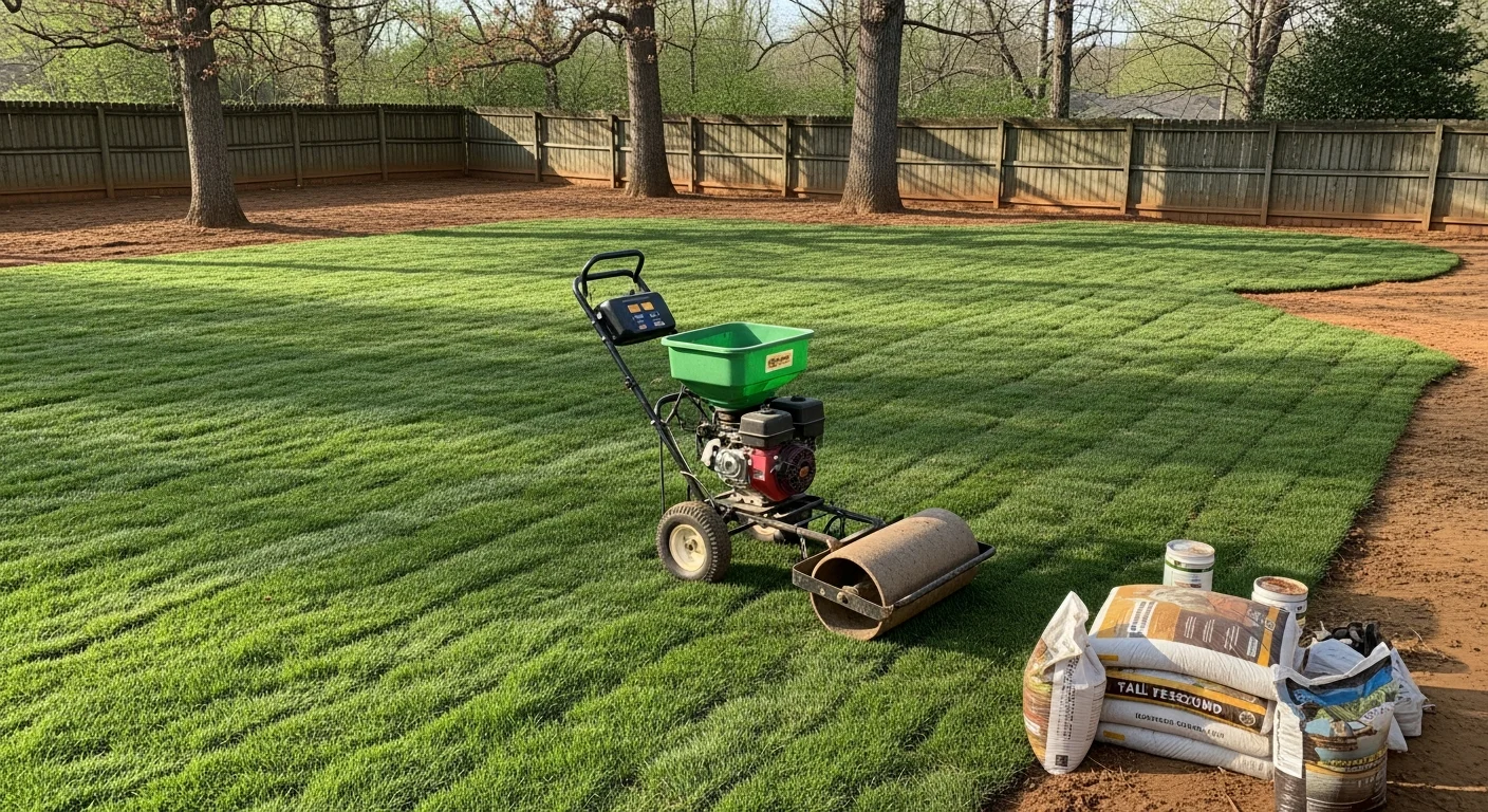 A freshly reseeded residential backyard in Knoxville, Tennessee showing uniform green grass coverage across a previously bare and patchy lawn. A single-family home with a wood fence is visible in the background.